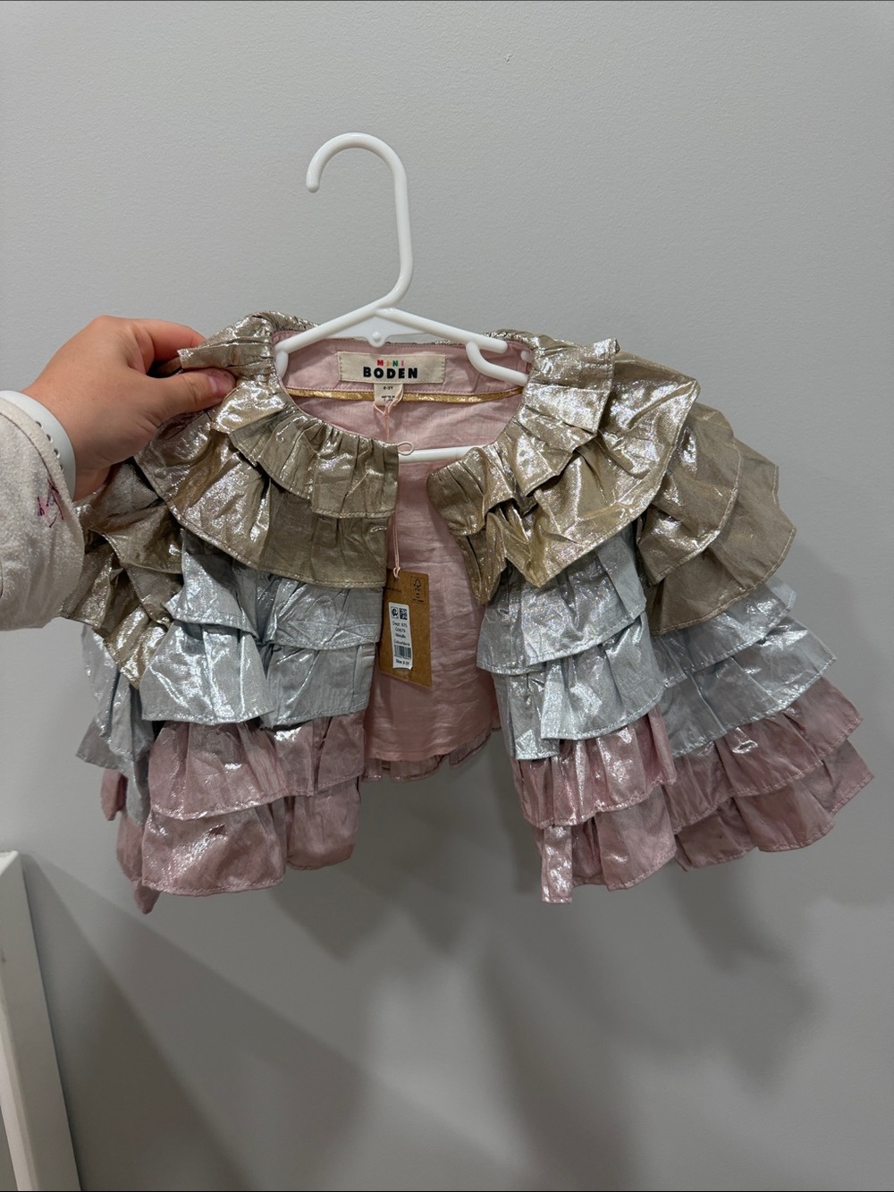 Mini Boden Metallic Ruffle Bolero Jacket in Pink, Silver & Gold Tones
